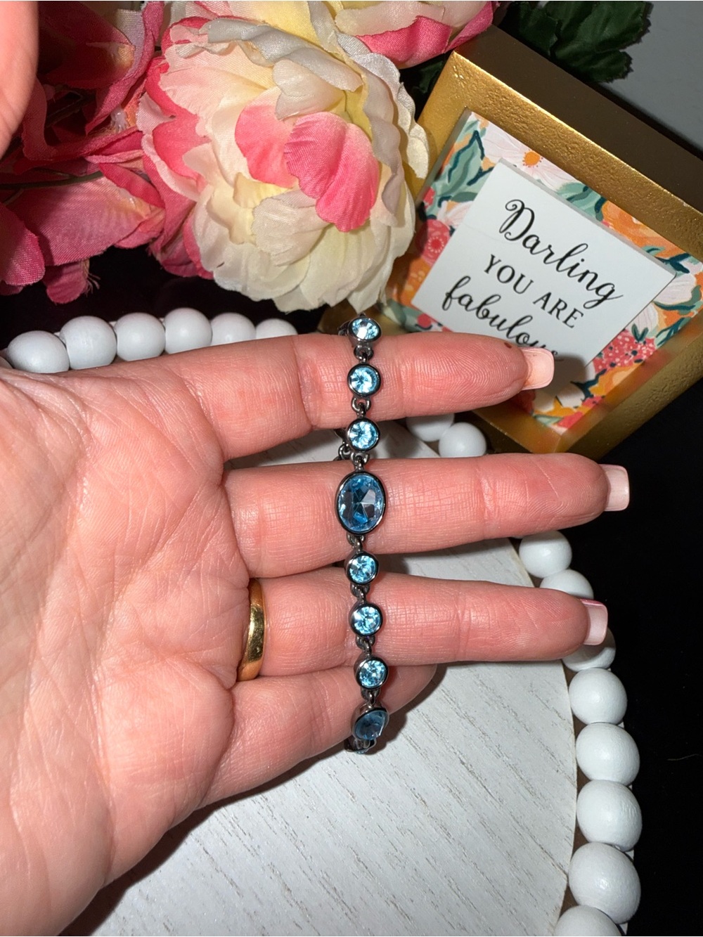 Givenchy Bijoux Blue Crystal Gunmetal Tennis Bracelet NWT 8” Signed